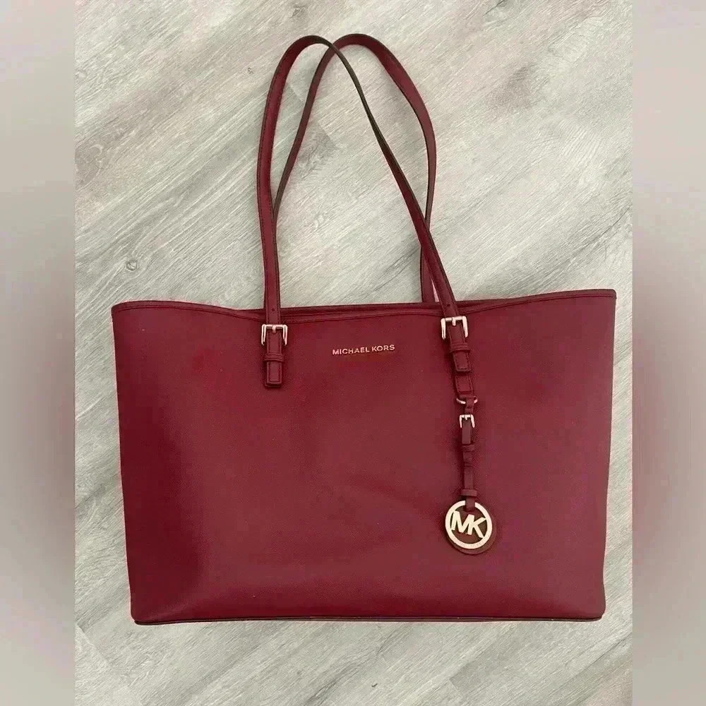 MICHAEL KORS Jet Set Leather Cherry Laptop Large Tote Handbag